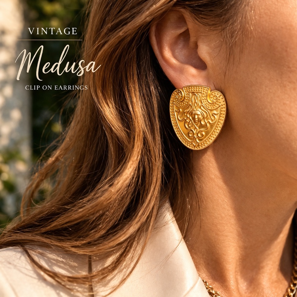 Vintage Medusa Shield Earrings Gold Statement Clip On Designer Style